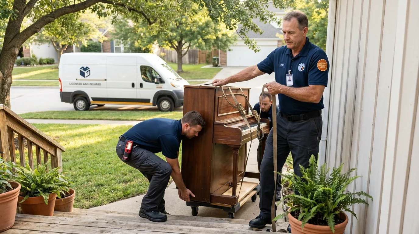 Licensed piano movers securing grand piano in Wisconsin Dells, WI