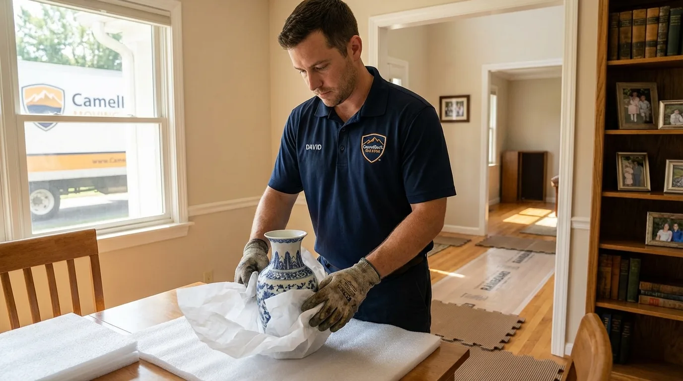 Professional crew carefully wrapping antique vase for senior downsizing move in Wisconsin Dells, WI